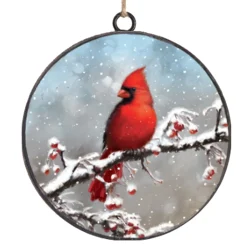ORN METAL DISC 4″ CARDINAL ON SNOWY BRANCH W/ BERRIES