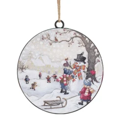 ORN METAL DISC 4″ KIDS BUILDING SNOWMAN