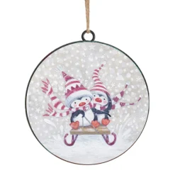 ORN METAL DISC 4″ PENGUIN ON A SLEIGH RIDE