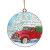ORN METAL DISC 4″ RED TRUCK WITH TREE
