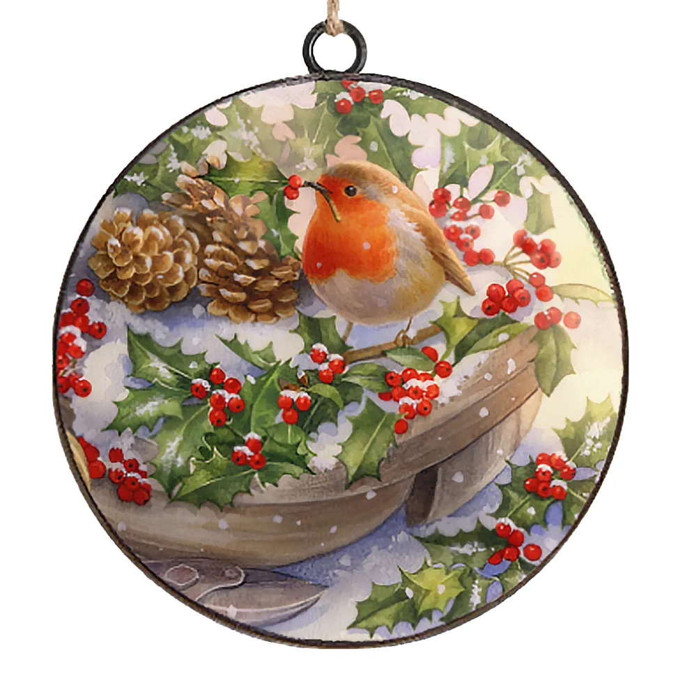 ORN METAL DISC 4″ ROBIN W/PINE CONES & BERRIES