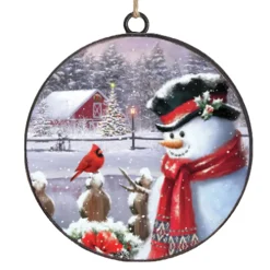 ORN METAL DISC 4″ SNOWMAN & CARDINAL
