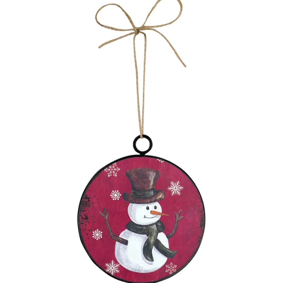 ORN METAL DISC 4″ W/SNOWMAN AND SNOWFLAKE PRINT
