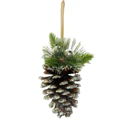 ORN NAT. PINECONE 4.25″ W/PINE & RIBBON & BALL SILVER