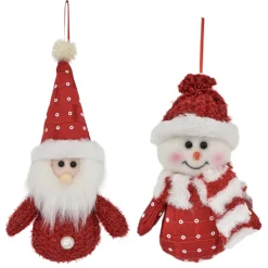 ORN PLUSH SANTA- SNOWMAN RED/WHITE AND POLKA DOTS 5.5″ 2/S