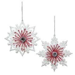 ORN RED / WHITE SNOWFLAKE 5″ W/ ICE GLITTER & JEWEL 2 ASST.