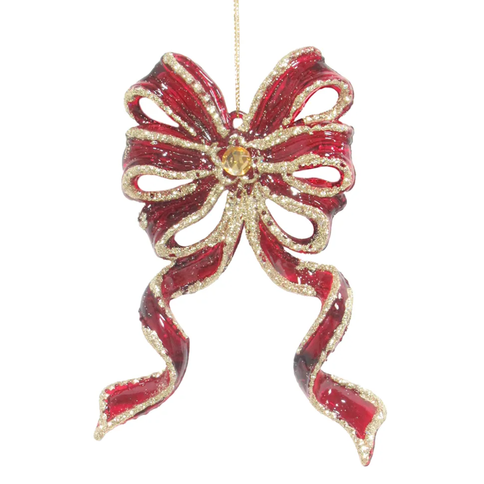 ORN RED /GOLD BOW LONG TAIL 5.5″ CLEAR W. GOLD GLTR.