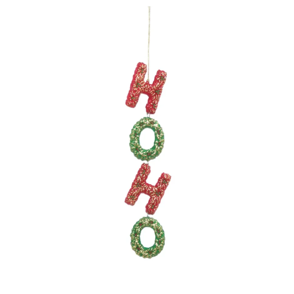 ORN RED/ GREEN “HO HO” ON STRING 1″X7″ W/ GLITTER