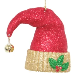 ORN RED SANTA HAT 3.25″ RED/GOLD GLITTER W/ SHINY GOLD BELL