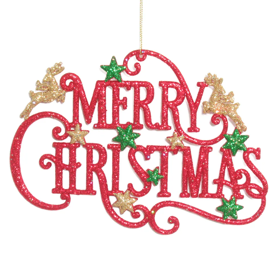 ORN RED/GRN/GLD MERRY CHRISTMAS 7″x5″ “MERRY CHRISTMAS” W/ DEER, STARS, & GLTR.