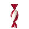 ORN RED/WHITE CANDY 4″ W/ WHITE GLITTER
