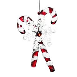 ORN RED/WHITE CANDY CANE 4.5″ W/ JEWEL, SNOWFLAKE & GLTR.