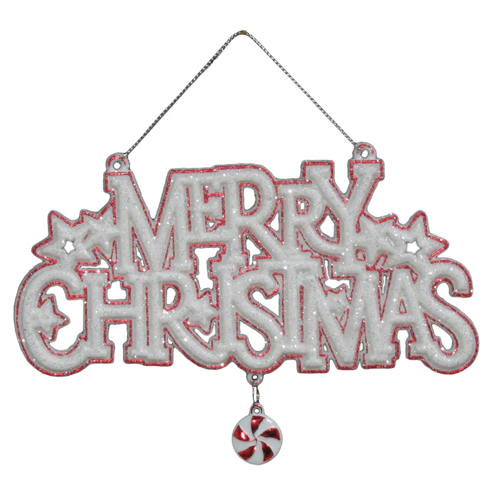 ORN RED/WHITE “MERRY CHRISTMAS” 4″X6″ W/ ICE GLITTER & CANDY