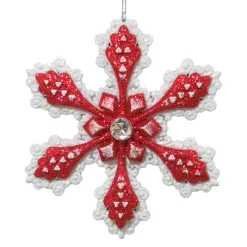 ORN RED/WHITE SNOWFLAKE 4.75″ W/ JEWEL & GLTR.
