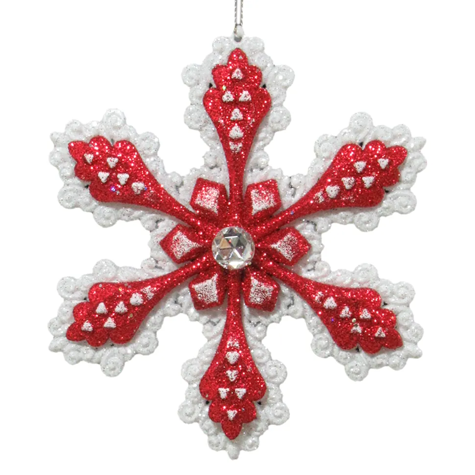 ORN RED/WHITE SNOWFLAKE 4.75″ W/ JEWEL & GLTR.