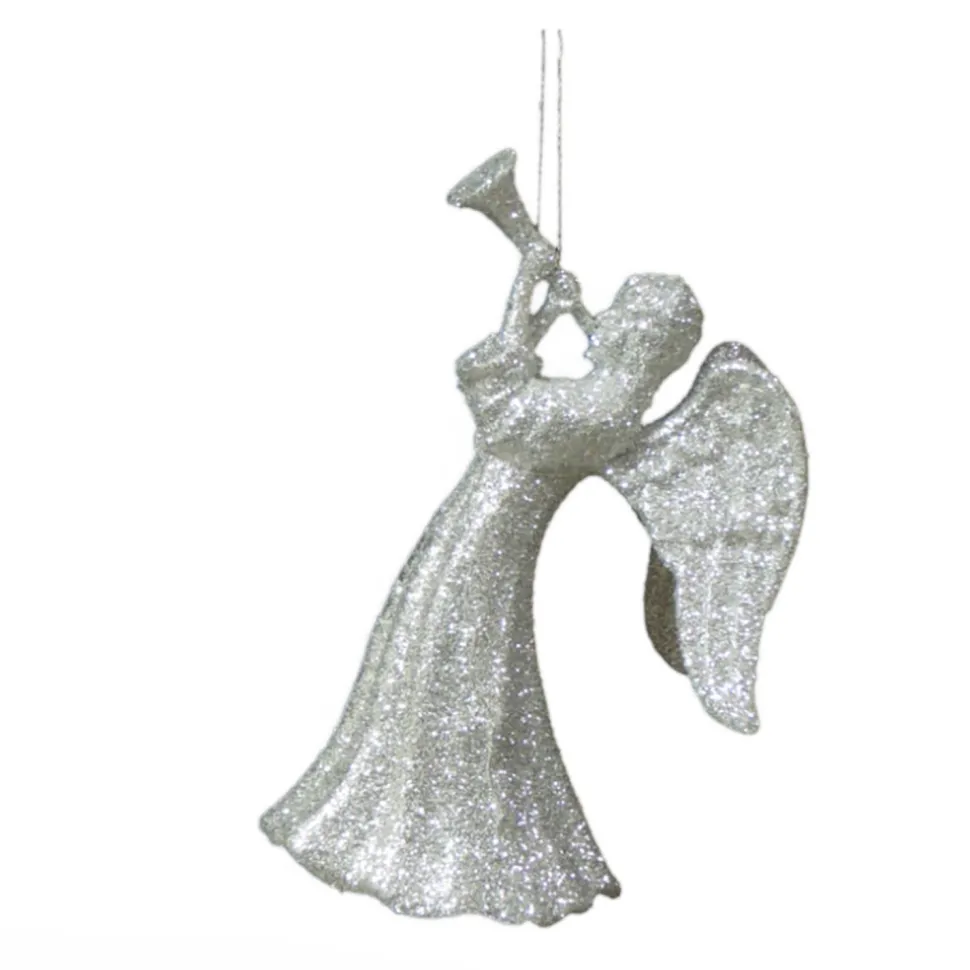 ORN SILVER ANGEL 5″ W/HORN W/ BRIGHT SILVER GLITTER