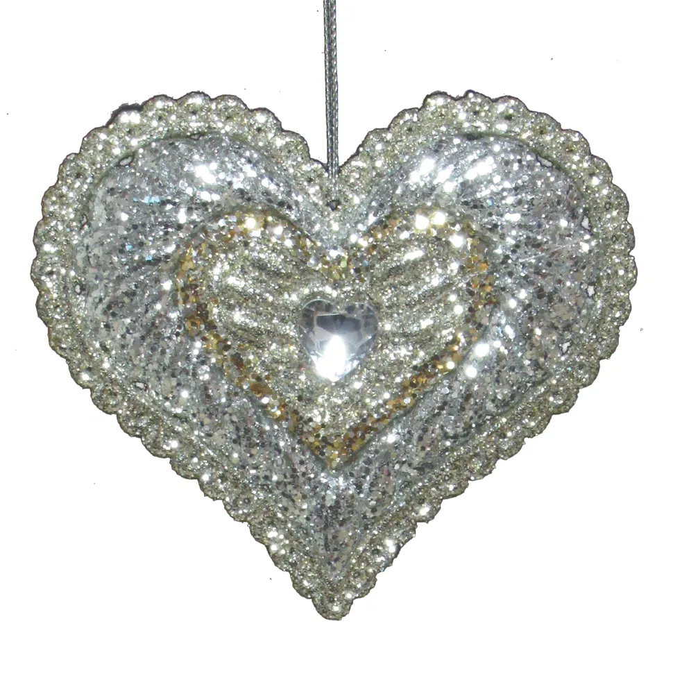 ORN SILVER HEART 4″ W/ PART GOLD GLITTER & JEWEL