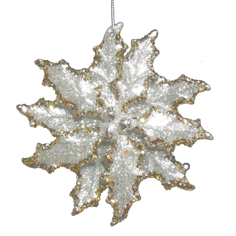 ORN SILVER HOLY SNOWFLAKE 4.5″ W/ BRIGHT GLITTER & GOLD EDGE