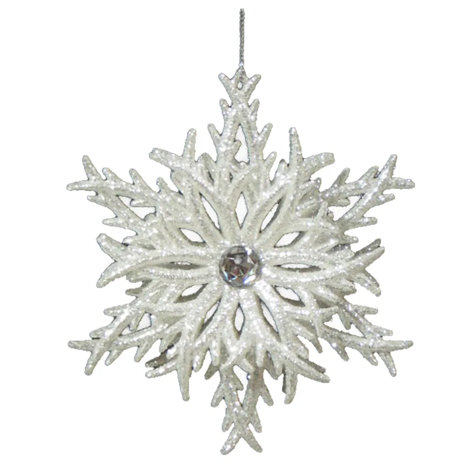 ORN SILVER LAYERED SNOWFLAKE 5″ W/ BRIGHT GLITTER & JEWEL