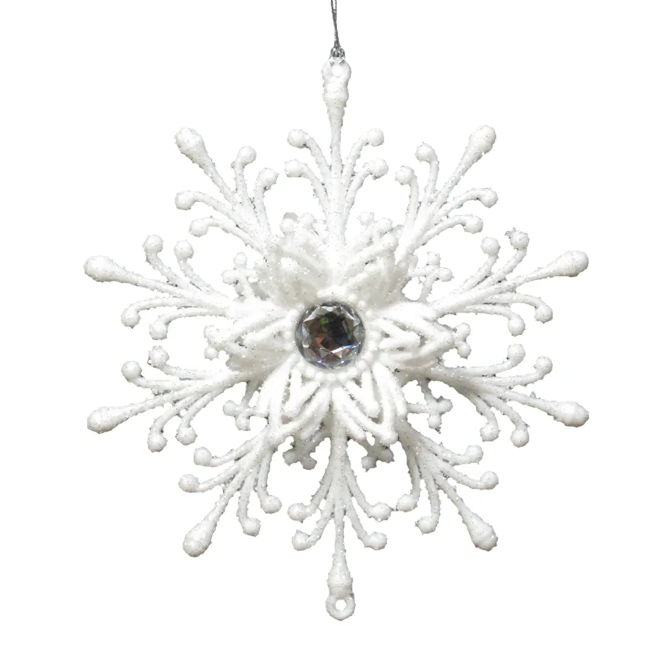ORN WHITE SNOWFLAKE 5″ W/ JEWEL & GLTR.