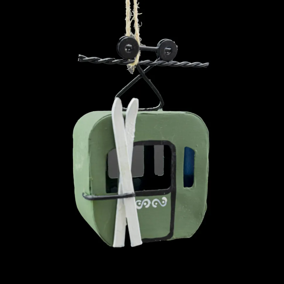 ORN WINTER METAL SKI CABLE CAR 4″ GREEN