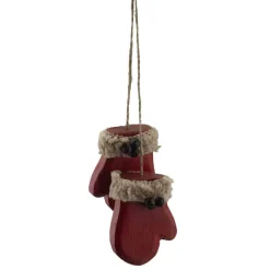 ORN WINTER WOODEN MITTENS 2.75″ RED W/ FAUX FUR TRIM