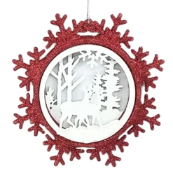 ORN WOODEN DEER IN SNOWFLAKE 5″ RED/ WHITE