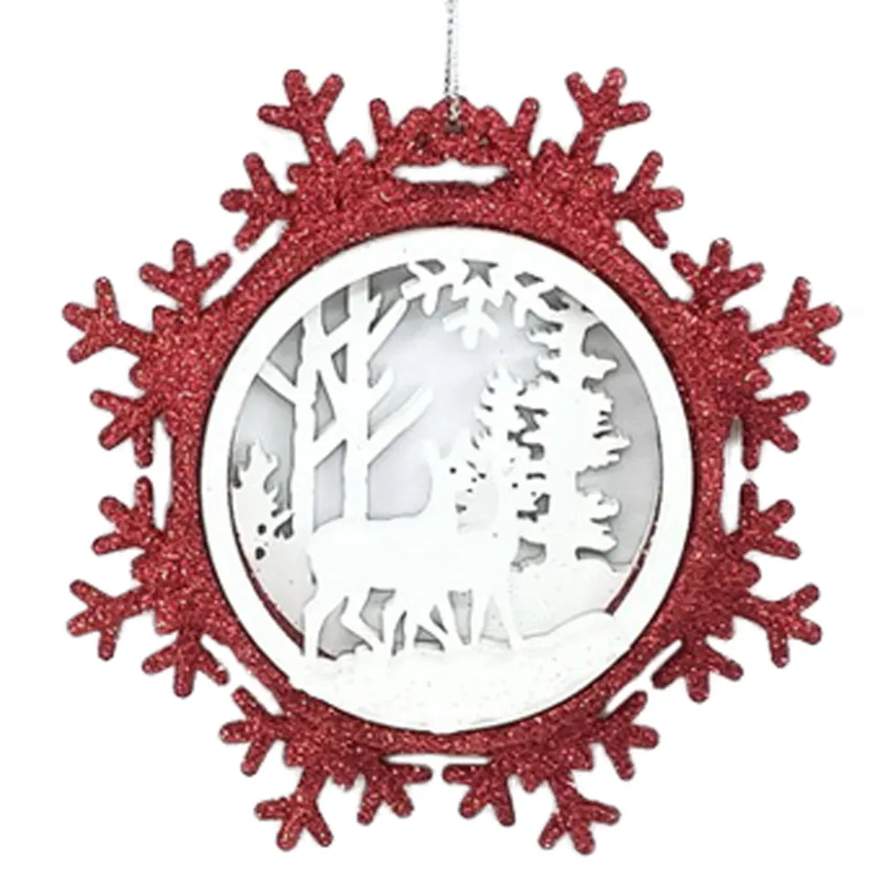 ORN WOODEN DEER IN SNOWFLAKE 5″ RED/ WHITE