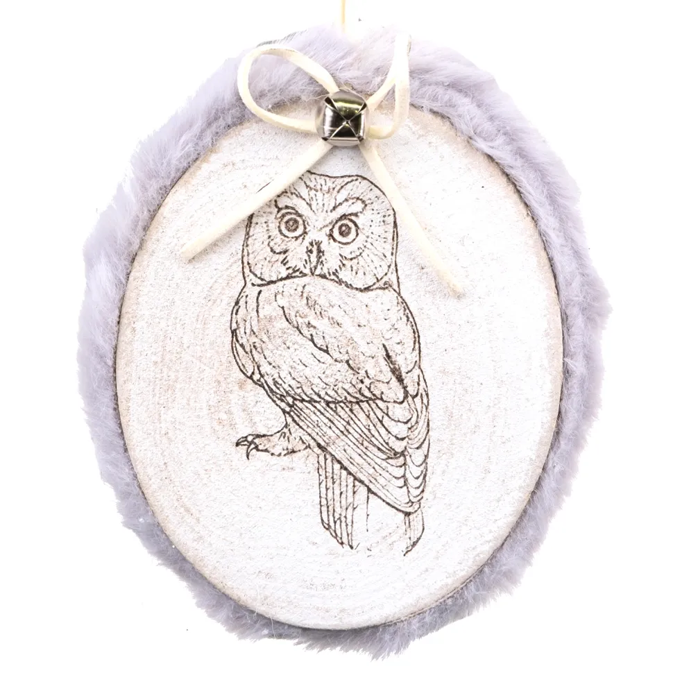 ORN WOODEN DISC 4.5″ BIRCH W/ OWL & FUR TRIM