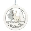 ORN WOODEN DISC 4″ DEER IN FOREST WHITE/SILVER
