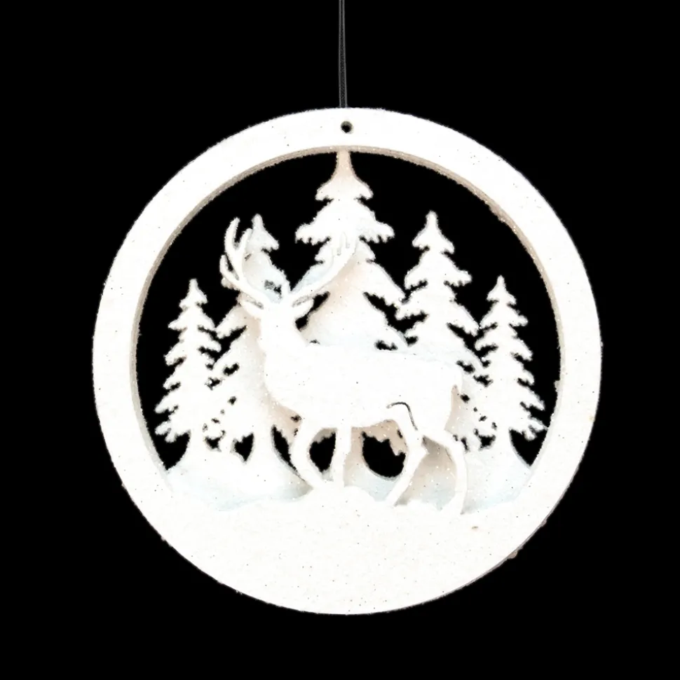 ORN WOODEN DISC 4″ TREE/DEER CUT OUT WHITE