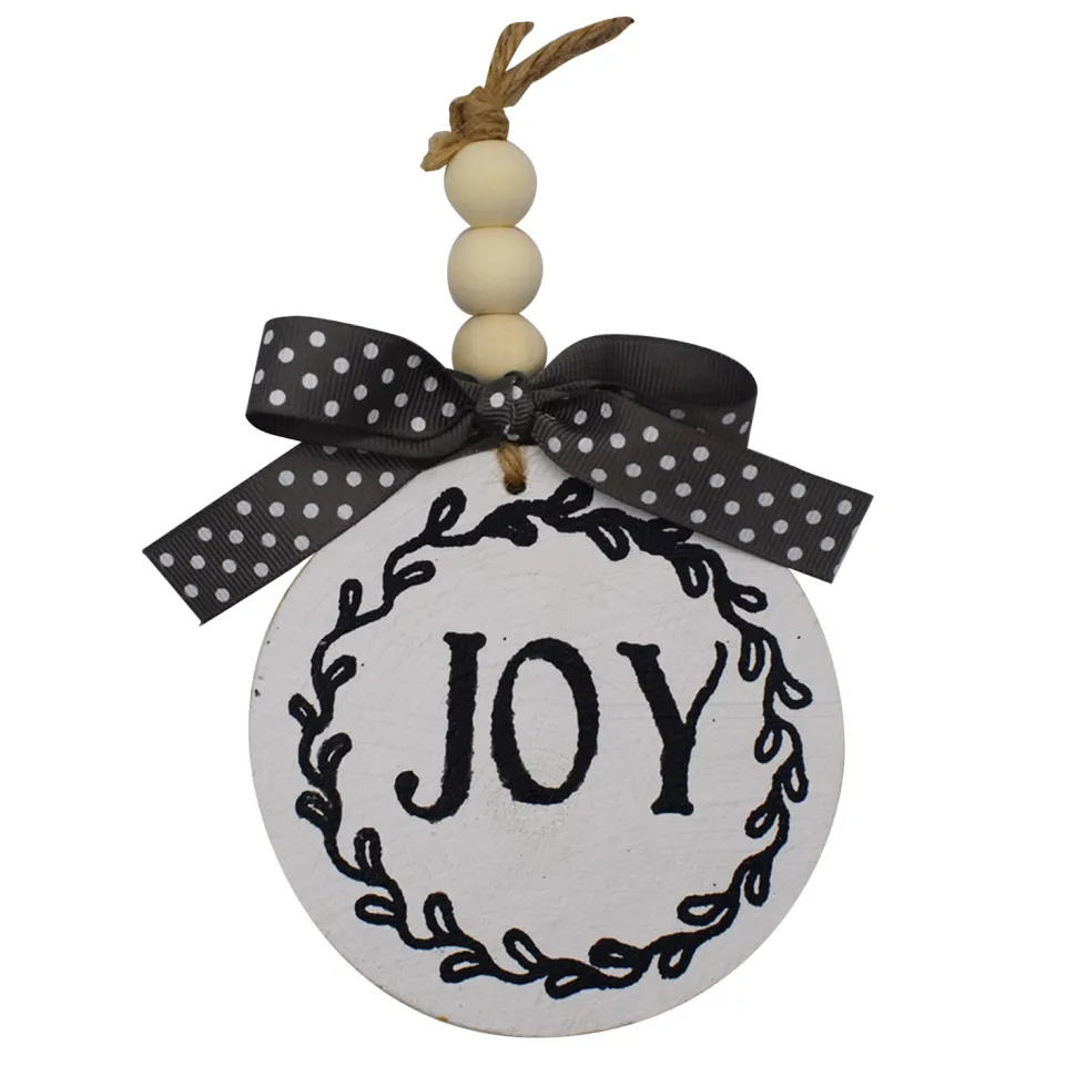 ORN WOODEN DISC 4″ WHITE W/JOY IN BLACK
