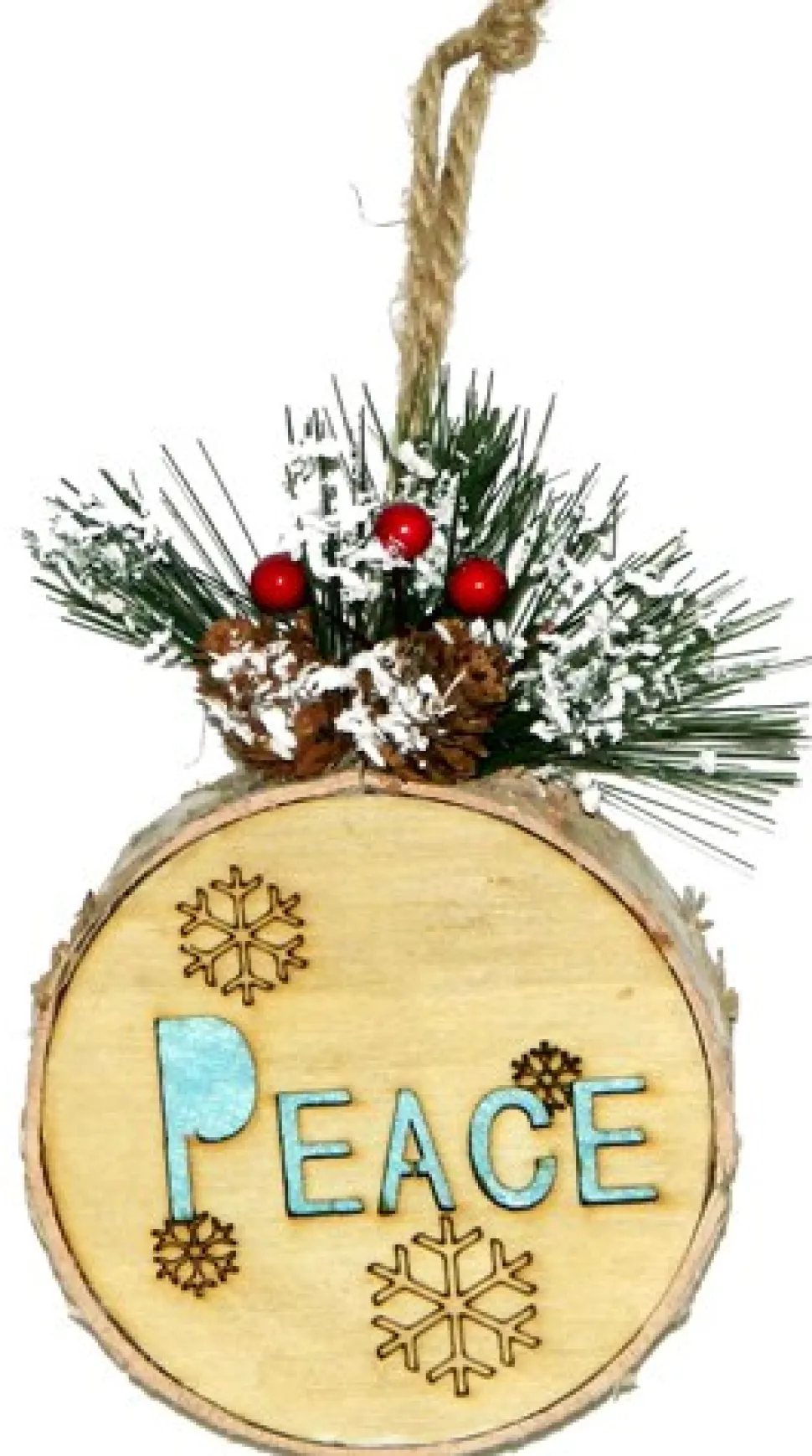 ORN WOODEN DISC 6″ W/PEACE LED
