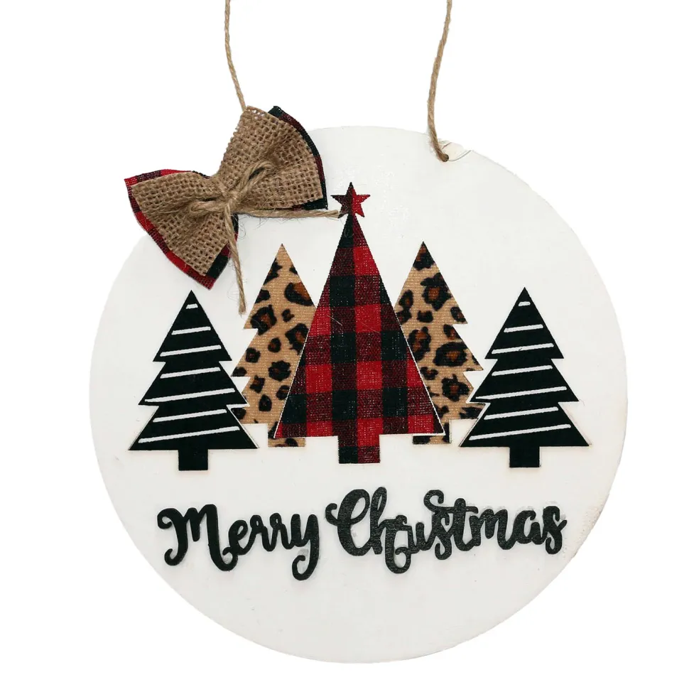 ORN WOODEN DISC 8″ W/TREES RED /BLACK /WHITE