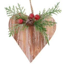 ORN WOODEN HEART 4″ WHITEWASH W/ CEDAR & BERRIES