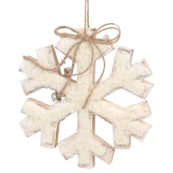 ORN WOODEN SNOWFLAKE 8″ NATURAL/WHITE W/ SHERPA & BOW