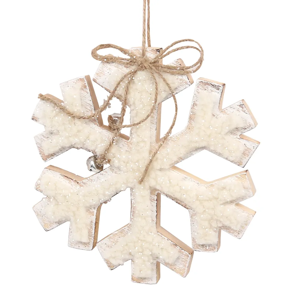 ORN WOODEN SNOWFLAKE 8″ NATURAL/WHITE W/ SHERPA & BOW