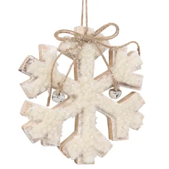 ORN WOODEN SNOWFLAKE 6.5″ NATURAL/WHITE W/ SHERPA & BOW