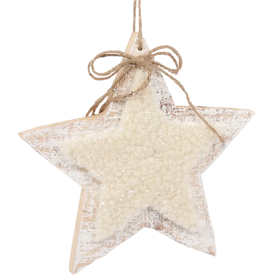 ORN WOODEN STAR 8.5″ NATURAL/ WHITE W/ SHERPA & BOW