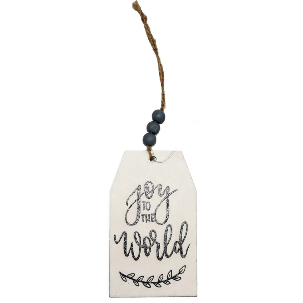 ORN WOODEN TAG 4″ “JOY TO THE WORLD” WHITE/BLACK/GREY