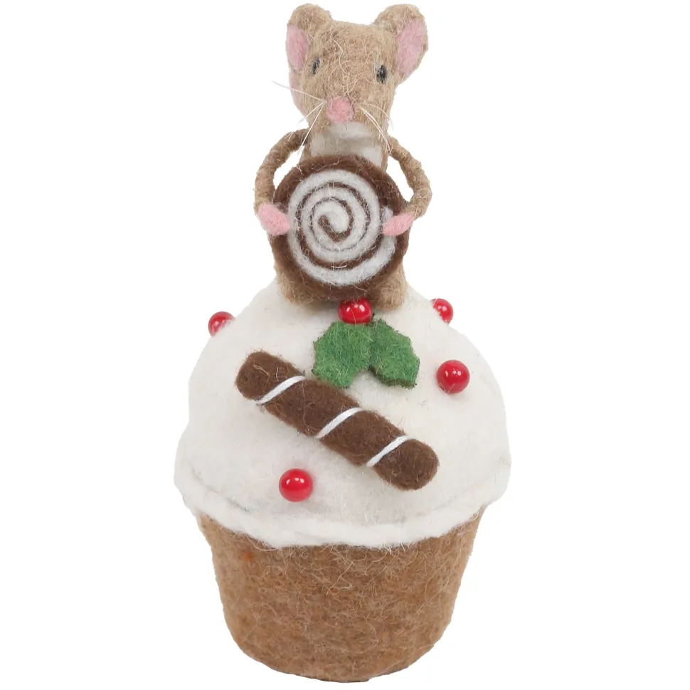 ORN WOOL BAKERY MOUSE 6.5″ BROWN/WHITE MOUSE ON A CUP CAKE