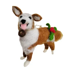 ORN WOOL DOG 4.5″ BROWN & WHITE W/ BALL