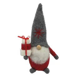 ORN WOOL GNOME 4″X2″X5″ HOLDING GIFTS W/ GRAY HAT