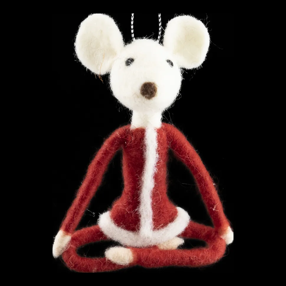 ORN WOOL MOUSE 3.25 RED DRESS W/YOGA POSE