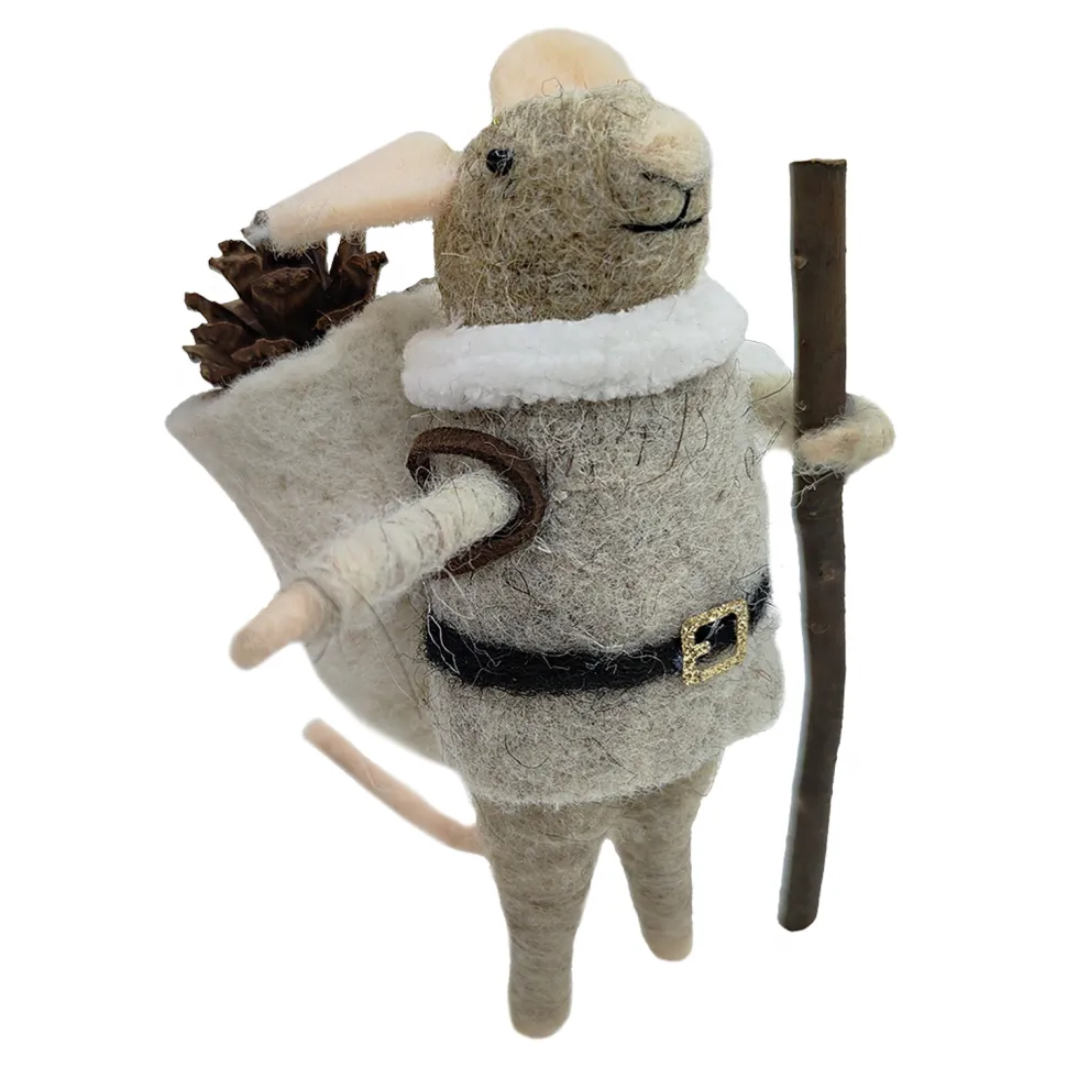 ORN WOOL MOUSE HIKING W/ CONE & SACK 5″ GREY/BROWN