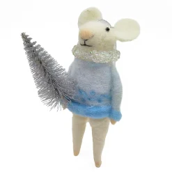 ORN WOOL MOUSE HOLDING A TREE 5″ ICED BLUE/SILVER