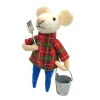 ORN WOOL MOUSE HOLDING A SHOVEL & BUCKET 3″ BLUE/PLAID
