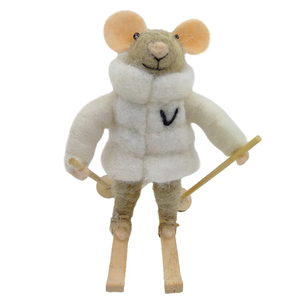 ORN WOOL MOUSE SKIING 4.5″ CREAM/GREY