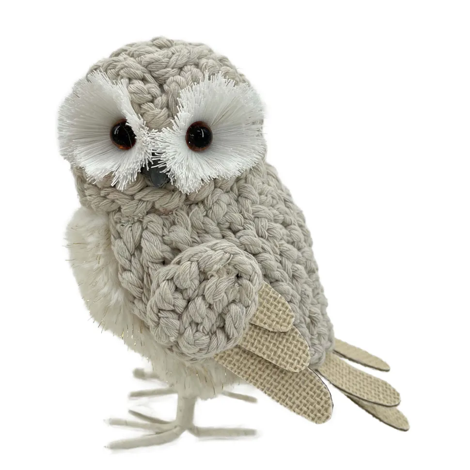 OWL BEIGE STANDING FABRIC KNIT 6.5″x7.5″ W/ BURLAP WINGS