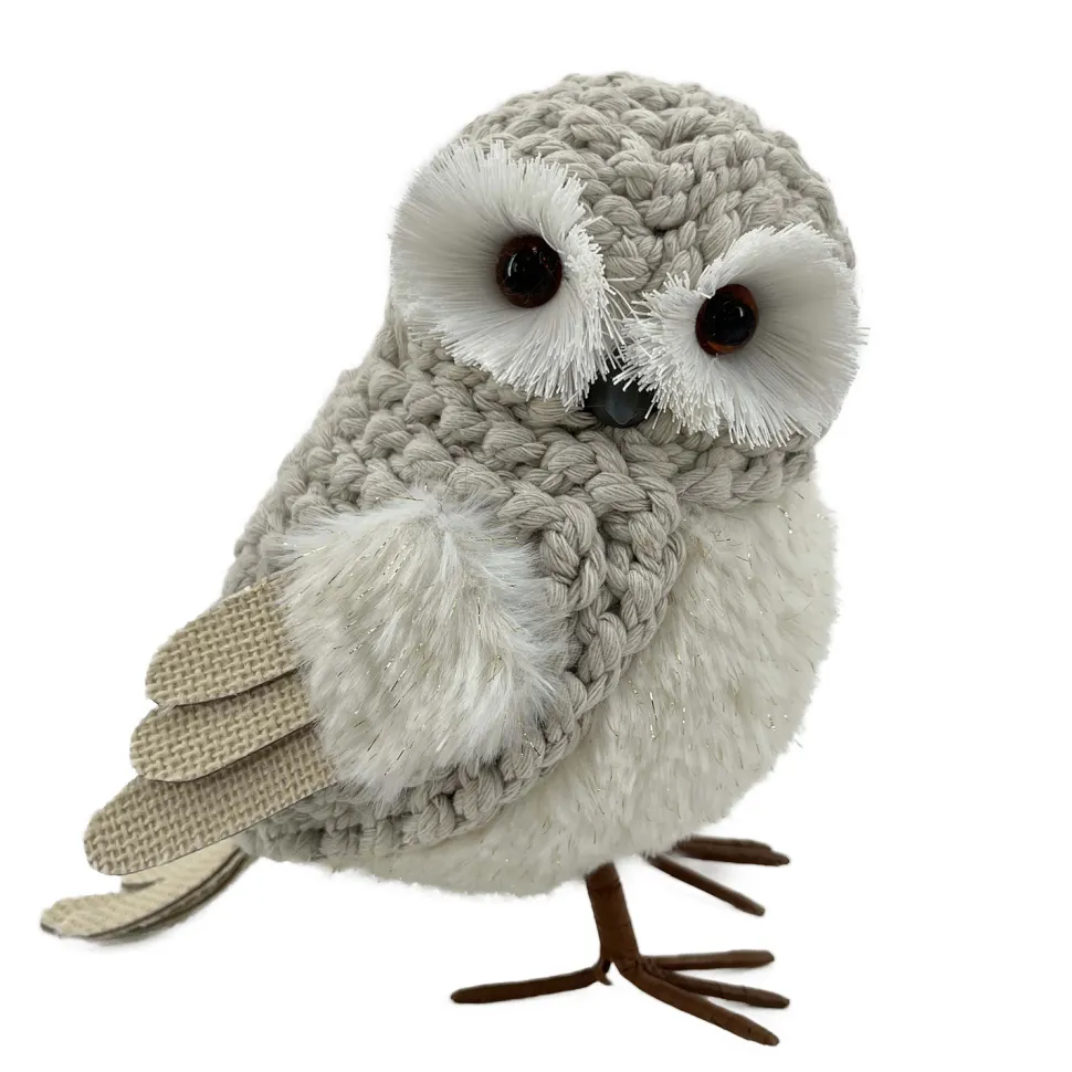 OWL BEIGE STANDING FABRIC KNIT 8.5″x8.5″ W/ BURLAP WINGS